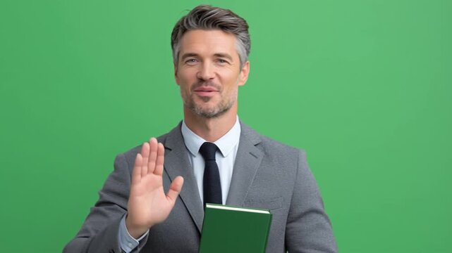 Polite Greeting: A distinguished individual in formal business attire extends a friendly hand, ready to engage in professional discourse with a warm and inviting demeanor.