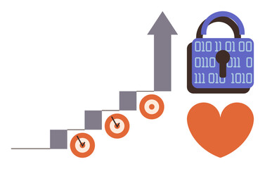 Stair-thumbs up steps with a growth arrow, target goals, a digital padlock representing security, and a heart for emotional connection. Ideal for success, growth, strategy, security, goal setting