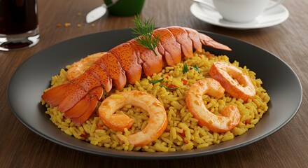 Delicious seafood dish featuring lobster shrimp and rice studio shot
