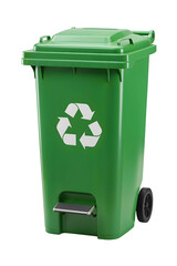 Green trash can with foot pedal and recycle symbol isolated on transparent background
