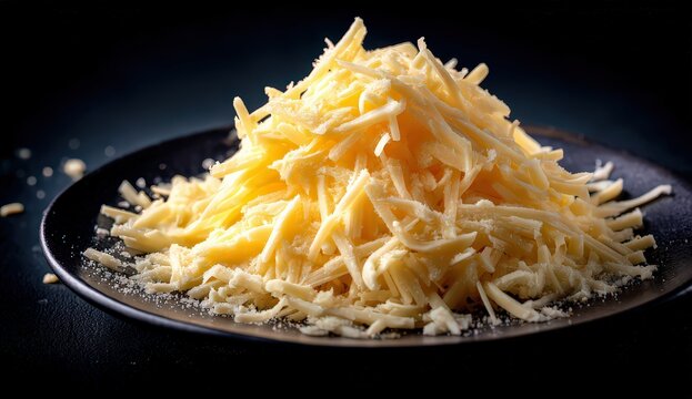 Grated Cheese on Black Plate Displayed with Dramatic Lighting on Dark Background