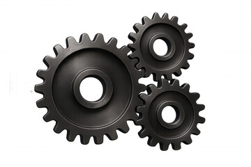 Metal gears interlocking, representing teamwork, mechanics, engineering, and industrial process on a transparent background