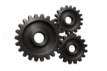 Metal gears interlocking, representing teamwork, mechanics, engineering, and industrial process on a transparent background