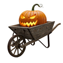 Halloween pumpkin with carved face on vintage wheelbarrow png clipart on transparent background