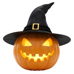 Scary jack-o-lantern wearing black hat on transparent background png clipart for Halloween decoration