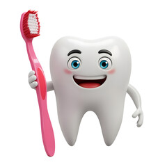 Happy white tooth holding toothbrush for oral care and dental care transparent background png