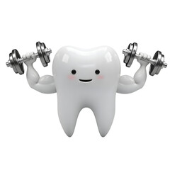 Cute tooth character lifting weights representing strong oral health isolated on transparent background png