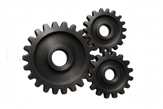 Metal gears interlocking, representing teamwork, mechanics, engineering, and industrial process on a transparent background