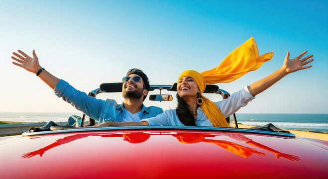 Happy couple enjoying convertible road trip by the ocean - Powered by Adobe