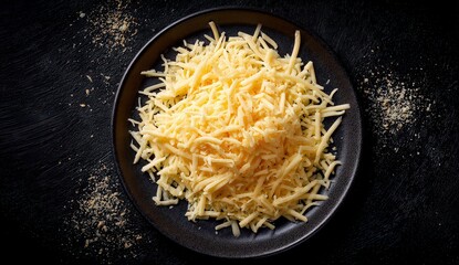 Grated Yellow Cheese Pile on a Black Plate with Scattered Crumbs and Dark Background Overhead View