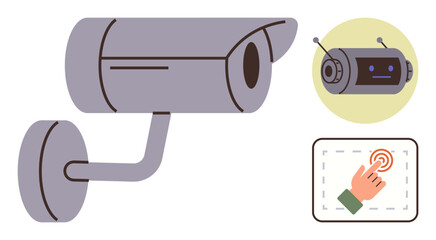 Security camera mounted on wall, robotic camera variation, hand scanning fingerprint for access. Ideal for security, surveillance, privacy, biometrics, technology, control systems simple flat