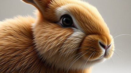 Close-up portrait of a fluffy, light brown rabbit with dark eyes and long whiskers, showcasing its soft fur texture and gentle expression.