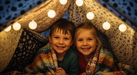 Happy children smiling inside a cozy blanket fort with fairy lights.