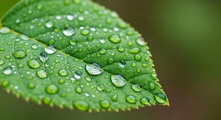 Green Leaf Covered with Water Droplets Closeup