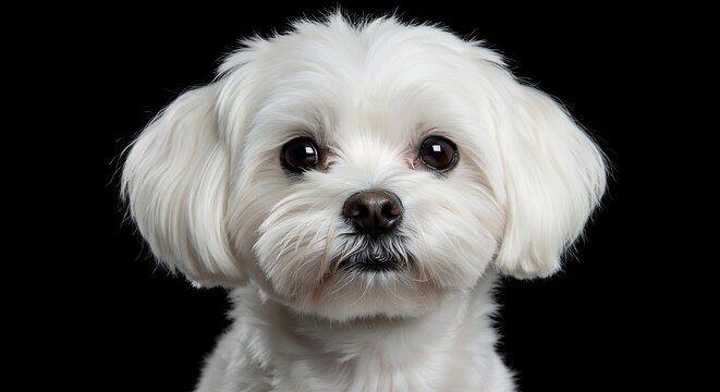 Close up portrait of a fluffy white dog against a black background