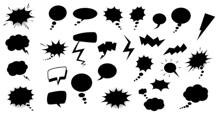 Comic speech bubbles and lightning bolt elements collection on white background