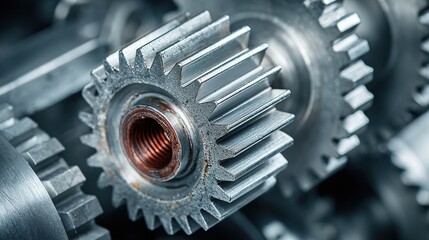 clockwork. A close-up of a complex mechanical gear mechanism with a central gear jammed. event key visuals, club posters, designed for sports event promotions and stadium branding.