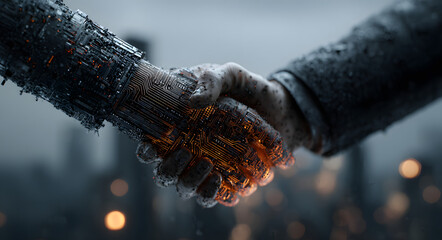 Closeup of two businessmen shaking hands with digital circuit overlay and city skyline background, symbolizing technology and partnership