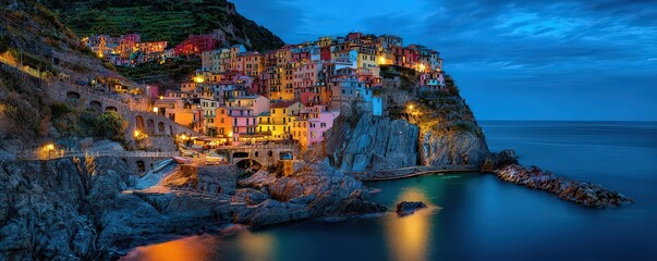 Illuminated Coastal Village at Dusk with Colorful Buildings against Blue Sky and Calm Sea