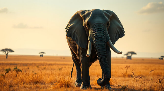 An elephant stands prominently in a golden grassland, with sparse trees dotting the horizon under a warm, bright sky.