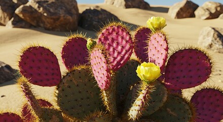 Desert cactus with vibrant pink and yellow flowers against a sandy background