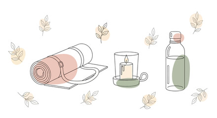 Relaxing Self-Care and Wellness Illustration with Yoga Mat, Candle, and Essential Oil Bottle