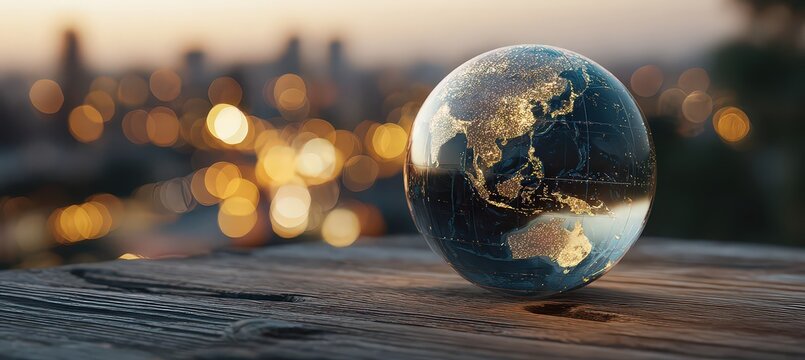 Illuminated Globe Resting On Wooden Surface With City Lights Background During Sunset - Powered by Adobe