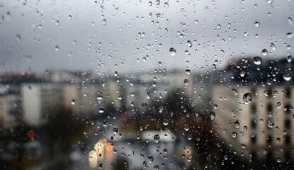 Obraz premium Raindrops On Window With Blurry Cityscape In Background During Overcast Day