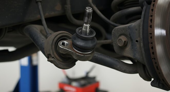 Close up view of automobile suspension components during repair or maintenance