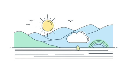 Flat line art vector illustration of a natural landscape concept. A scenic view with sun, mountains, sea, and weather elements like a cloud, rain, and a rainbow