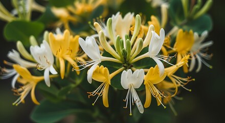 Close up view of honeysuckle flowers showcasing vibrant colors and detail