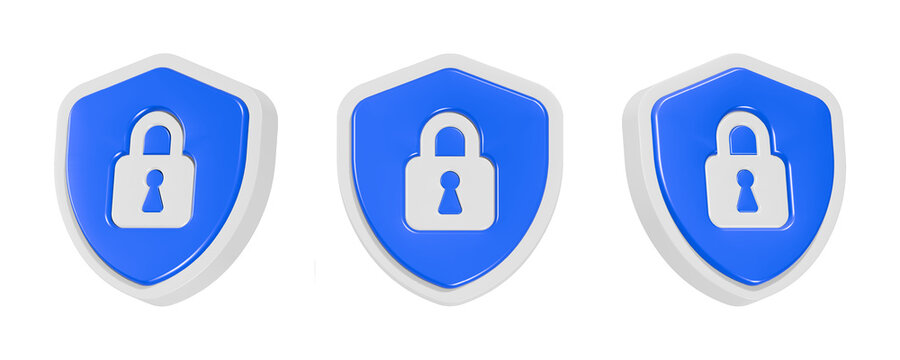 3d rendering design of blue shield with padlock inside symbol icon