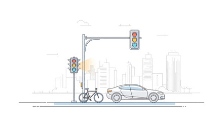 Urban intersection scene with traffic lights, a car, and a bicycle, showcasing city infrastructure and transportation modes