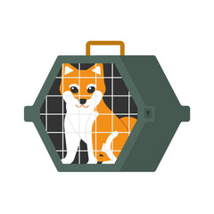 Vector isolated illustration with pet bag for travel in public transport like airplain, train, bus. Green animal carrier is durable and ergonomic trip accessory. Dog Siba Inu wiith orange fur sits
