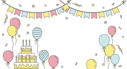 Joyful pastel birthday celebration illustration featuring a delicious tiered cake, colorful balloons, festive confetti, and decorative bunting, perfect for happy occasions and party designs