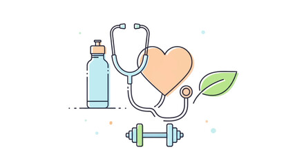 Healthy lifestyle concept stethoscope, water bottle, dumbbell, and heart symbol, representing fitness and well-being