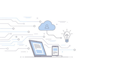 Digital ecosystem concept with connected laptop and smartphone using cloud services for data storage and sharing innovative ideas