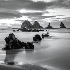 black and white seascape with dramatic rocks and cloudy sky long exposure photography ocean landscape art