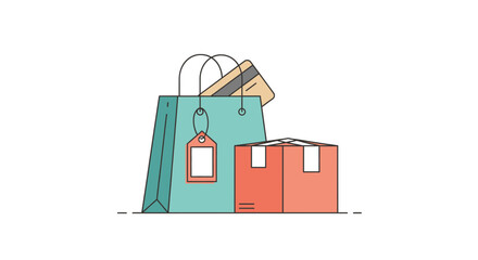 Online shopping and e-commerce concept illustration with a shopping bag, credit card, and package box for digital retail