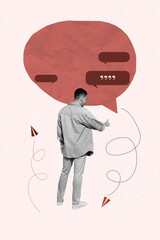 Naklejka premium Art pop collage of person touch sit with speech bubble on red background