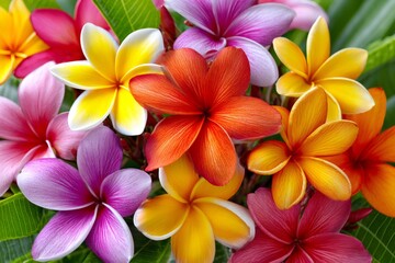 Colorful plumeria flowers blooming, creating a vibrant tropical pattern
