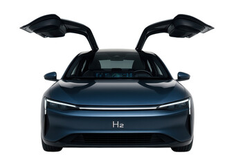 Innovative hydrogen concept vehicle featuring gull-wing doors and digital interfaces.