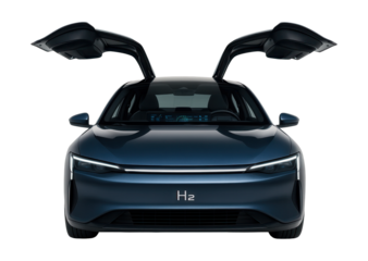 Innovative hydrogen concept vehicle featuring gull-wing doors and digital interfaces.