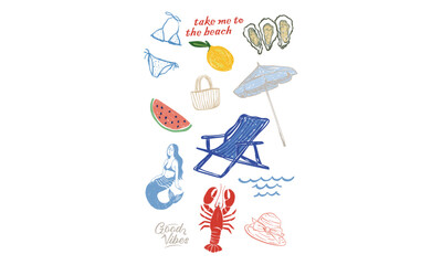 Lobster, oyster, hat, beach chair, bikini, olive, crab, tomato, seashell, cherry, umbrella, surf board, lemon artwork for t shirt print, poster, sticker and other uses.