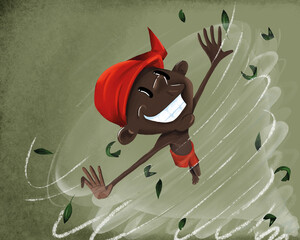 Saci Pererê em um redemoinho de folhas – personagem do folclore brasileiro em estilo infantil © Diogenes