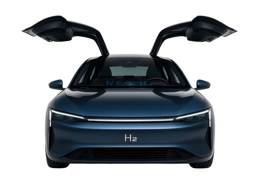 Innovative hydrogen concept vehicle featuring gull-wing doors and digital interfaces. - Powered by Adobe