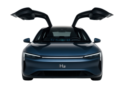 Innovative hydrogen concept vehicle featuring gull-wing doors and digital interfaces.