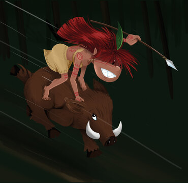 Caipora com lan&ccedil;a montada no seu javali, correndo na floresta &ndash; personagem do folclore brasileiro em estilo infantil