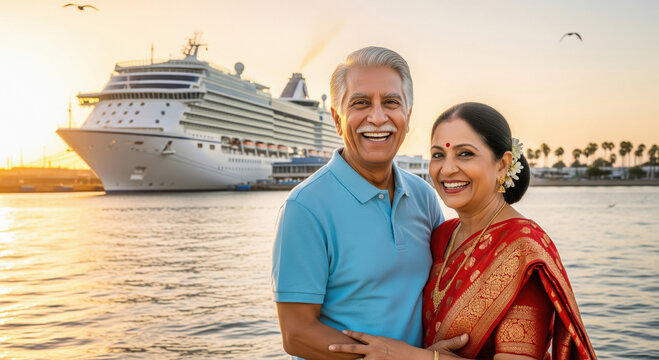 Happy Senior Indian Couple Smiles on Luxury Cruise Vacation