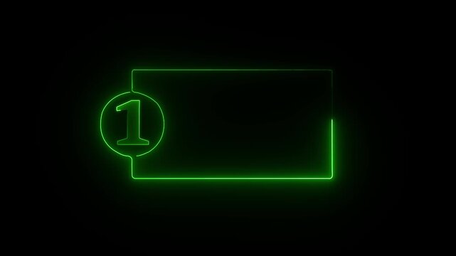 colorful glowing neon 1 text icon animation. Square rectangle picture frame with one tone neon color motion graphic on isolated black a background.4k video black background,